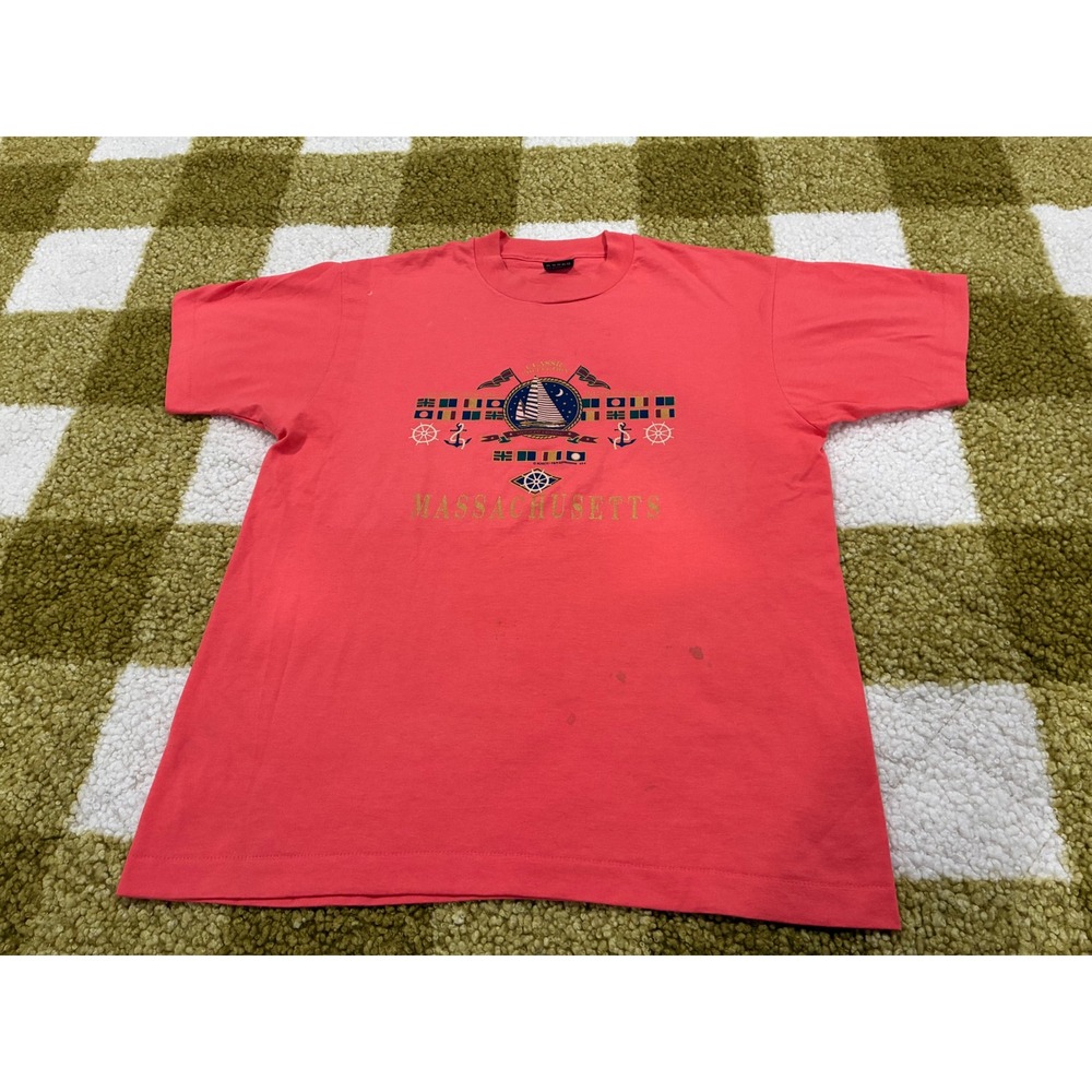 Vintage Fruit of the Loom Massachusetts Nautical T Shirt Single Stitch Pink‎ L